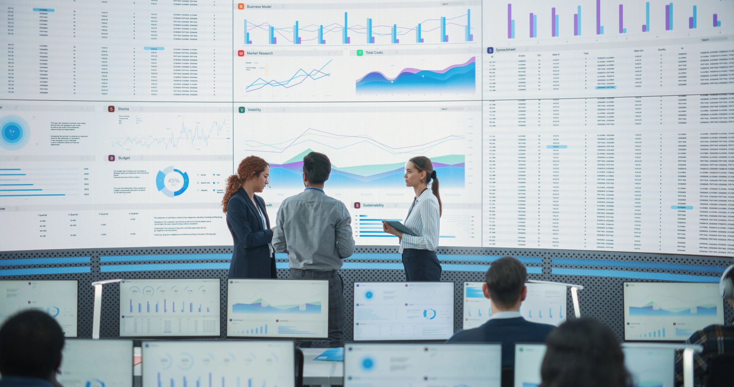 Team reviewing dashboards in a security operations center